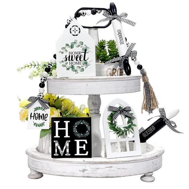 6 Pieces Farmhouse Tiered Tray Decor Bundle Home Farmhouse Items Signs Set Rustic Farmhouse Mini Rolling Pins Farmhouse Black and White Buffalo Beaded Garland for Home Kitchen Shelf (Classic Style)