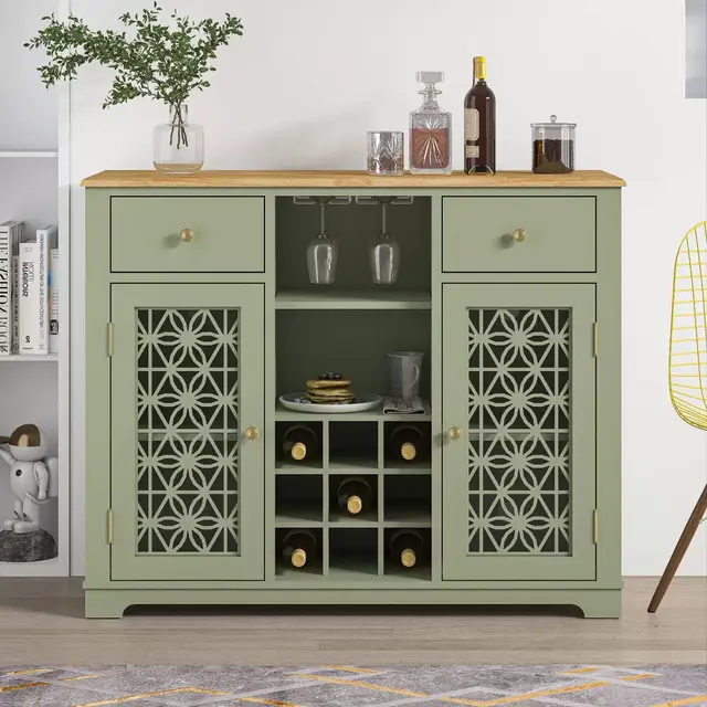 47" Wine Cabinet with Glass Doors Feature and Silk-Screened Pattern Design Laurel Green - Festivo
