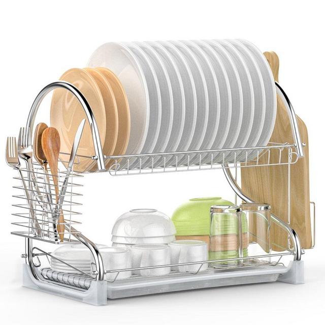 Dish Drying Rack, iSPECLE 2 Tier Dish Rack with Utensil Holder, Cutting Board Holder and Dish Drainer for Kitchen Counter Top, Plated Chrome Dish Dryer Silver 17.0 X 9.7 X 14.6 inch