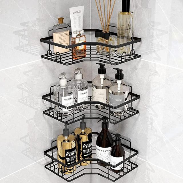 Monjuae Corner Shower Caddy 3 Pack, Shower Organizer, Strong Adhesive Shower Shelves, No Drilling, Waterproof, Rustproof Corner Shower Shelf for Inside Shower, Shower Rack for Bathroom, Kitchen, Black