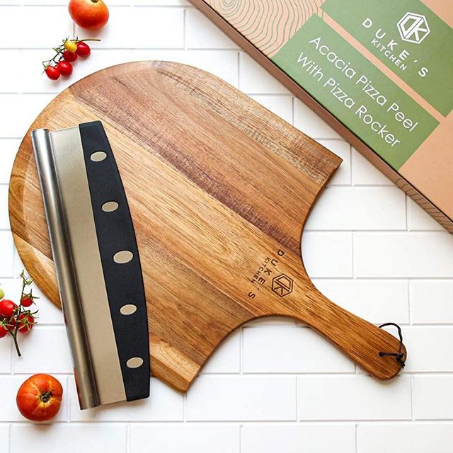 Premium Acacia Pizza Peel (Extra Large) and Rocker Blade Pizza Cutter Set, Pizza Peel 16 inch, Gourmet Wooden Pizza Paddle/Spatula/Board, Size 14" W x16" L, 22" L Overall including handle