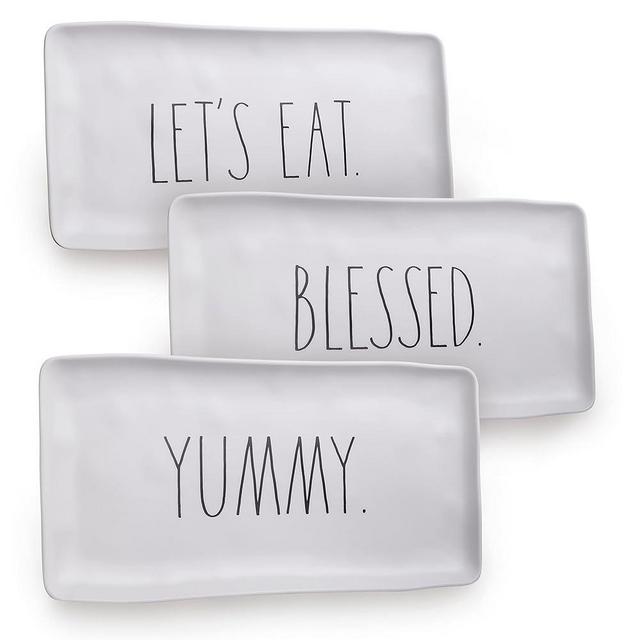 Rae Dunn Melamine Serving Platter- Set of 3 (14.25") Durable Dishwasher Safe White Rectangular Dessert Plate/Salad Plates - Serving Trays for Parties, Sushi, Serving Plates (Yummy, Blessed, Let's Eat)