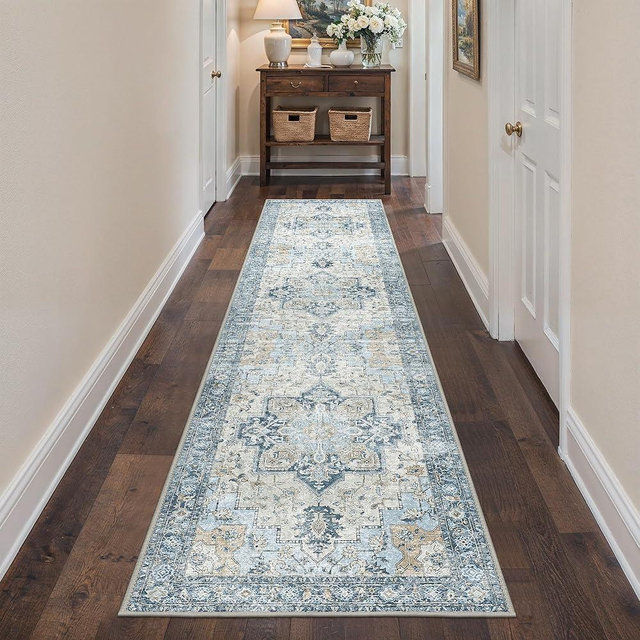 BESBLEE Runner Rug 2'6''x10, Non Slip Vintage Hallway Runner Rugs, Low Pile Lightweight Machine Washable Mat for Hallway, Entryway, Bedroom, Kitchen and Corridor, Blue