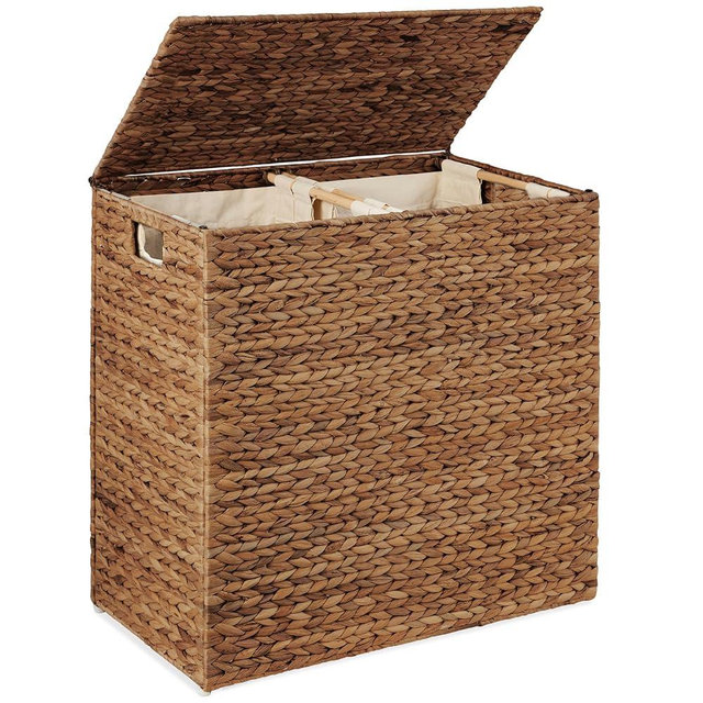 Best Choice Products Large Double Laundry Hamper with Lid, Natural Handwoven Water Hyacinth, 2 Sections w/ 2 Machine Washable Linen Liner Bags, Portable, Handles - Chestnut