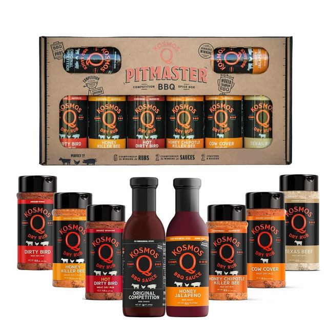 Kosmos Q BBQ Pitmaster Gift Set for Men, Father’s Day Gift for Him, 8 Flavor BBQ Sauce & Dry Rub Sampler Pack for Chicken, Steak, Turkey, Pork, Brisket & More, Grilling & Smoking Gift Basket