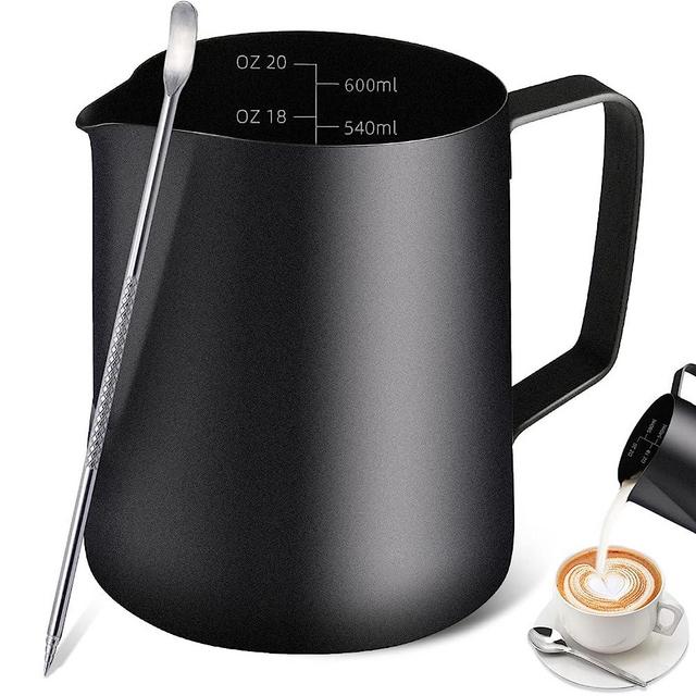 Milk Frothing Pitcher, 20OZ/600ML Stainless Steel Espresso Steaming Pitcher Coffee Milk Frother Cup with Decorating Art Pen for Espresso Machine, Milk Frother, Latte Art Black