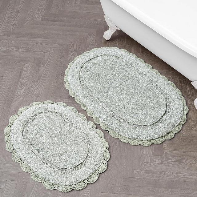 Laura Ashley Eloise 100% Cotton Oval Bath Mat 2-Piece Set with Crochet Border, Soft & Absorbent, Sea Foam 17" x 24"/20" x 32" Bathroom Rugs