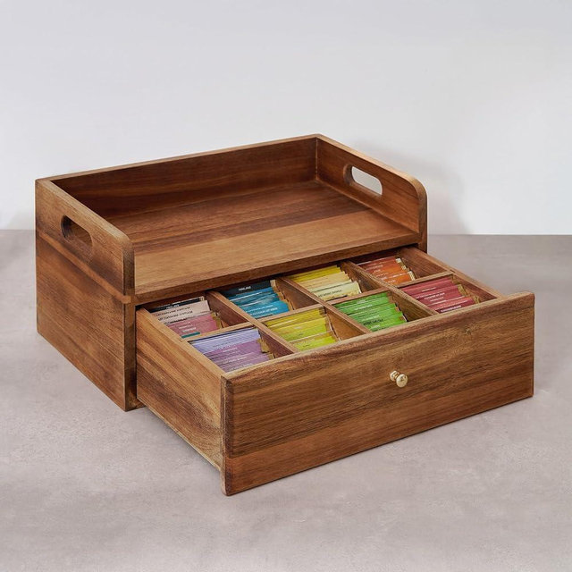 TREELF Acacia Wood Tea Bag Organizer with Drawer - Tea Station Chest and Storage Box, Coffee and Teabag Holder with 8 Compartments, Containers and Boxes for Countertop Display
