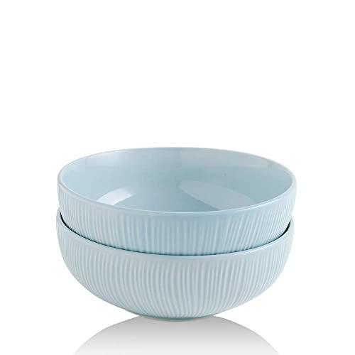KOOV 2.4 Quarts Porcelain Big Salad Bowl Set, 9" Large Serving Bowls, Ceramic Bowls for Kitchen, Big Bowl for Eating, Striped Series Set of 2 (Sky)