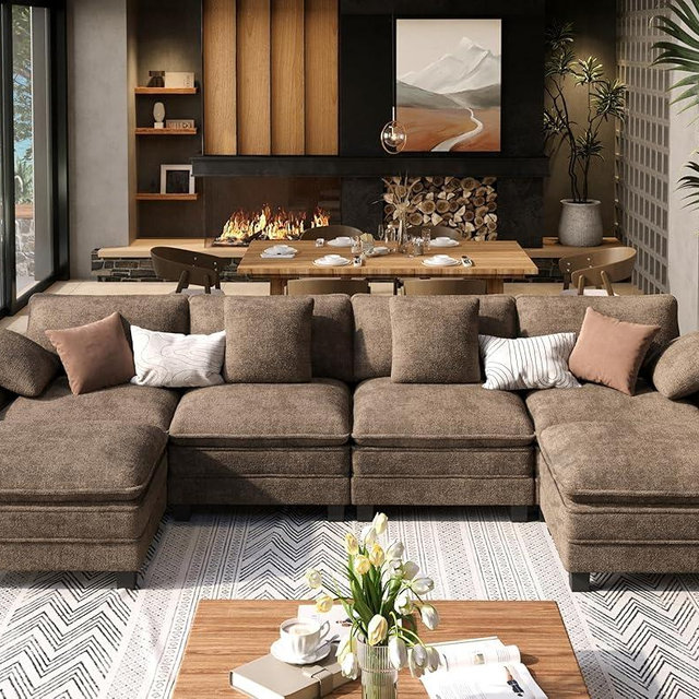 SUNSHINE VALLEY U Shaped Modular Cloud Couch, 157.5'' Oversized Chenille Sectional Sofa with Wider Armrest and Ottoman, Upholstered 6-Seat Modern Deep Seat for Bedroom Living Room, Taupe