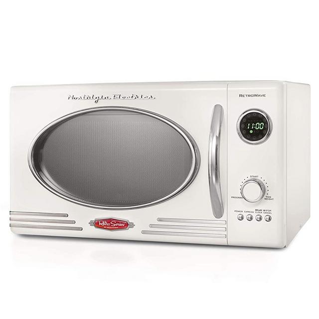 Nostalgia RMO4IVY Retro 0.9 Cubic Foot 800-Watt Countertop Microwave Oven, 5 Power Levels and 12 Cook Settings, LED Display, Ivory