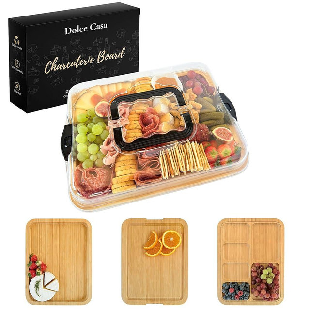 Dolce Casa Charcuterie Board with Lid & Handle, 3-in-1, Portable Bamboo Serving Tray with Lid & Removable Snack Tray for Cheese, Fruit, Food, Cheese Platter for Picnic, Travel, Ready-to-Gift