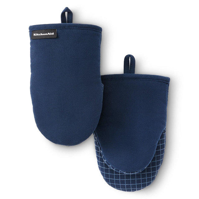 KITCHENAID Gourmet Series Gridlines Mini Oven Mitts 2-Pack Set, Heat Resistant up to 600°F, Soft Silicone Grip, Magnetic Cuff, Ink Blue, 5.5"x9"