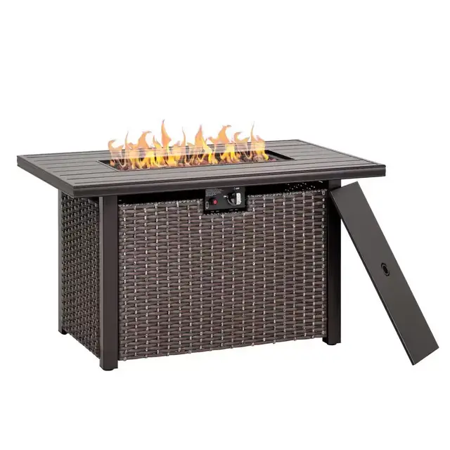 44 in. Aluminum Wicker Propane Gas Fire Pit Table with PVC Waterproof Cover, 50000 BTU, Brown