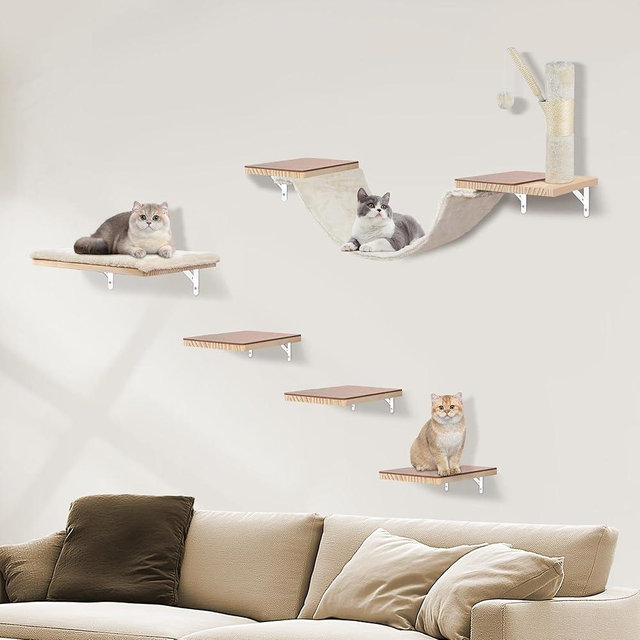 Wall Mounted Cat Climber Set, Cat Wall Shelves,with Hammock,Jumping Boards,Sofa,Steps,Scratching Post,Hanging Ball and Felt Pads, Suit for Cats Climb, Jump,Scratch-Beige