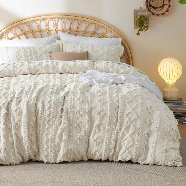 3 Pieces Boho Duvet Cover Set for All Seasons King Size Beige - Elegant Soft Shabby Chic Embroidery Boho Bedding
