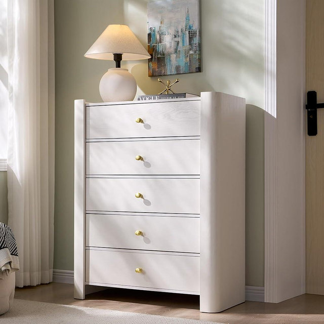 IFGET Modern 5 Drawer Dresser for Bedroom, Wooden Chest of Drawers with Curved Profile Design, 39.6" Tall Wood Dresser with Golden Metal Handle for Bedroom, Living Room, Hallway-White