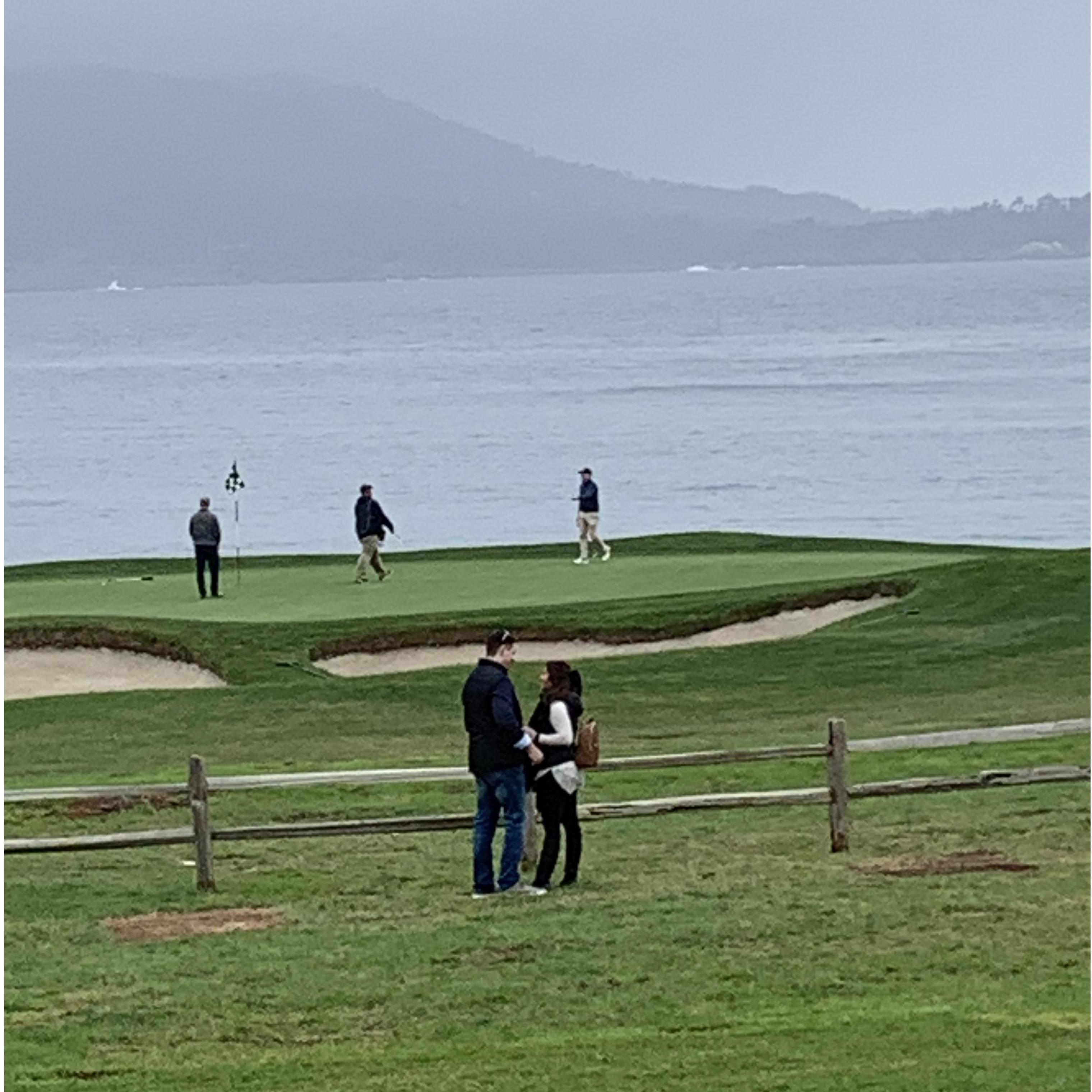 Jordan proposing on the 18th hole at Pebble Beach 
Feb 2020