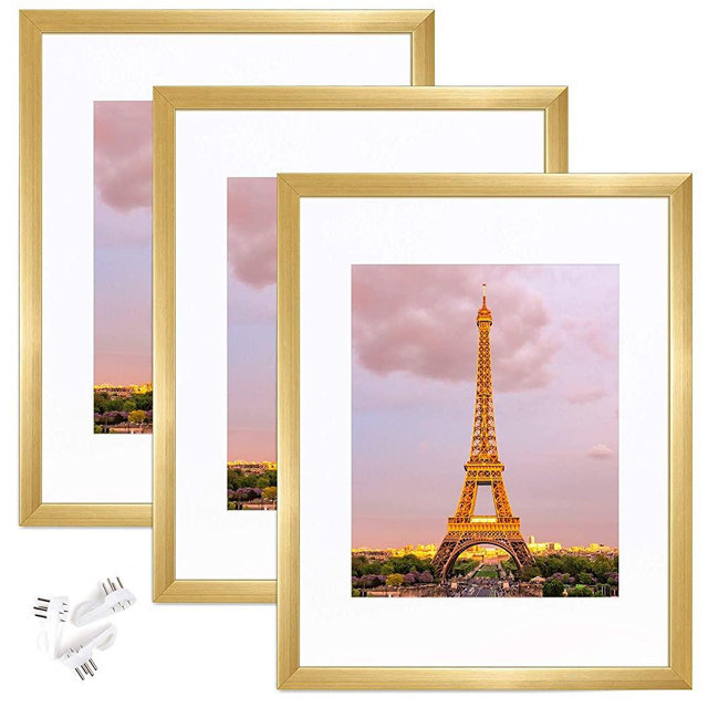 upsimples 11x14 Picture Frame Set of 3, Made of High Definition Glass for 8x10 with Mat or 11x14 Without Mat, Wall Mounting Photo Frames, Gold