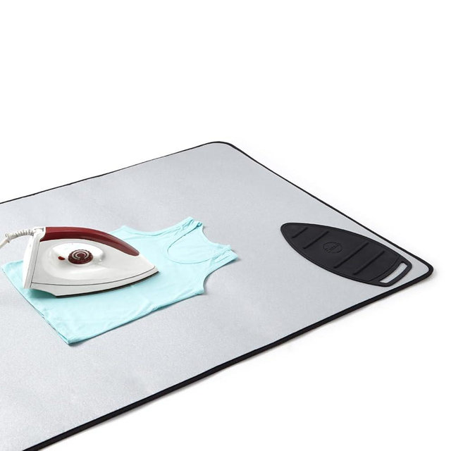 Encasa XO Ironing Mat/Pad - Metallic Silver (Large 48"x28") with 5mm Foam Padding & Silicone Iron Rest for Steam Pressing on Tabletop or Bed - Heat Reflective, Portable, Quilting