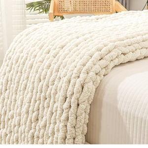 Bigacogo Chunky Knit Throw Blanket for Couch, 51x63 inches, 100% Hand Knitted with Thick Jumbo Chenille Yarn, Cozy Soft Large Rope Knot Cable Crochet Blankets for Sofa Bed Living Room, Beige
