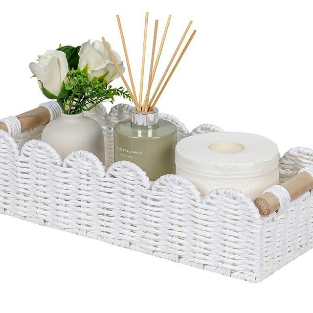 CubesLand Scalloped Edge Toilet Paper Storage Basket, Living Room Home Cozy Decor Basket, Paper Rope Small Baskets for Over Toilet Storage Shelf, End Table, Shelves, with 2 Wooden Handles, White