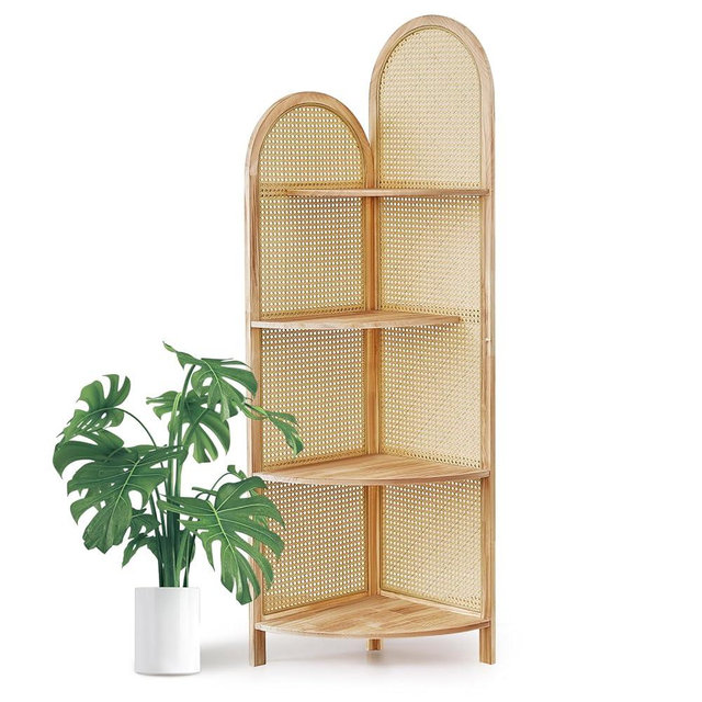 Asnefeli 4-Tier Corner Shelf Stand 70" Wall Corner Bookshelf, Solid Wood Frame with Rattan Corner Shelves Plant Stand Display Shelf Multi Unit Organizer Rack for Living Room Decor,Small Space, Natural
