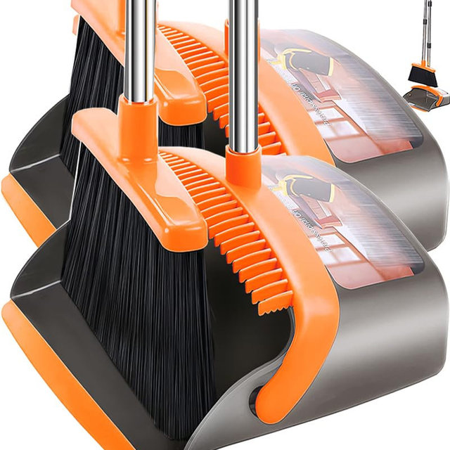 2-Pack is More economical,Upgraded Broom and Dustpan,with 52" Long Handle, Dustpan Teeth with self-Cleaning Function, Indoor and Outdoor Sweeping, Perfect for Home Office (Large Size/Orange /2-Pack)