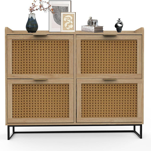 MISHAO Rattan Shoe Storage Cabinet with 4 Flip Drawers, Large Narrow Hidden Shoe Cabinet with Metal Legs, Freestanding Wood Shoe Cabinet Organizer for Entryway, Rattan Natural