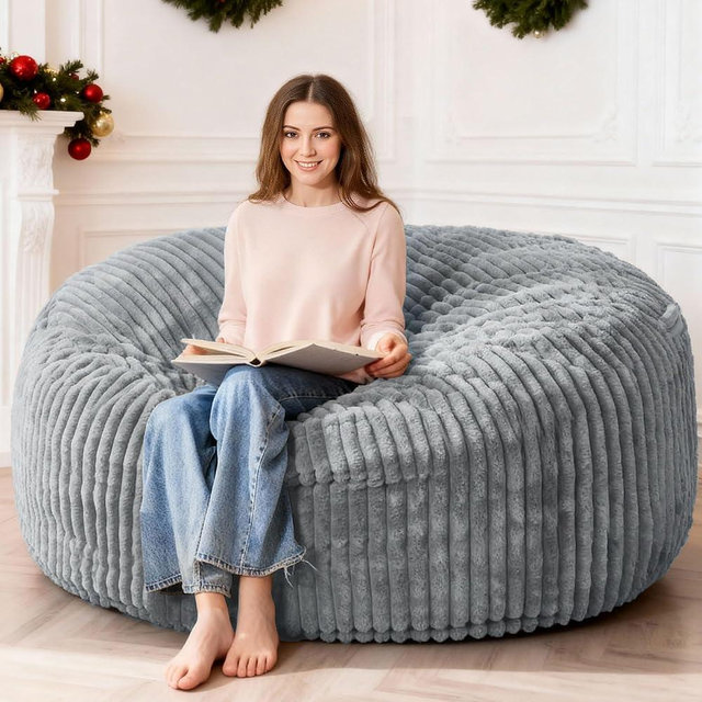 HABUTWAY 6FT Bean Bag Chair, 6' Large Bean Bag Chairs for Adults with Removable Stripe Plush Cover, Memory Foam Beanbag Chair for Living Room Bedroom Dorm，Grey
