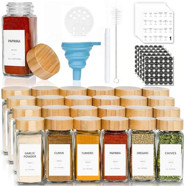 SUROQUE Spice Jars with Labels 24pcs Seasoning Organizer Bottles 4oz Glass Spice Jars with Bamboo Lids Spices and Seasonings Set Seasoning Containers for Spice Rack Kitchen Organizers and Storage