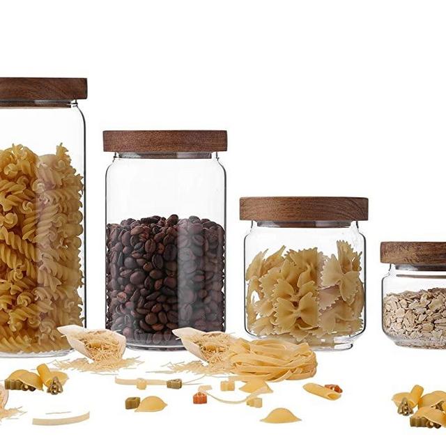 Emica Home Borosilicate Glass Kitchen Container/Canisters with Acacia Wood Air-tight Lid Set-4 Pack, Glass Food Storage Jars for Kitchen, Pantry Organization, Ideal for Coffee, Nuts, Cookie, Pasta