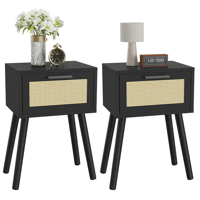 YMYNY Nightstand Set of 2, End Table, Small Bedside Table, Handmade Rattan Decorated Drawer, Solid Wood Legs, Modern Side Table for Bedroom and Small Spaces, Black UHST010B-2