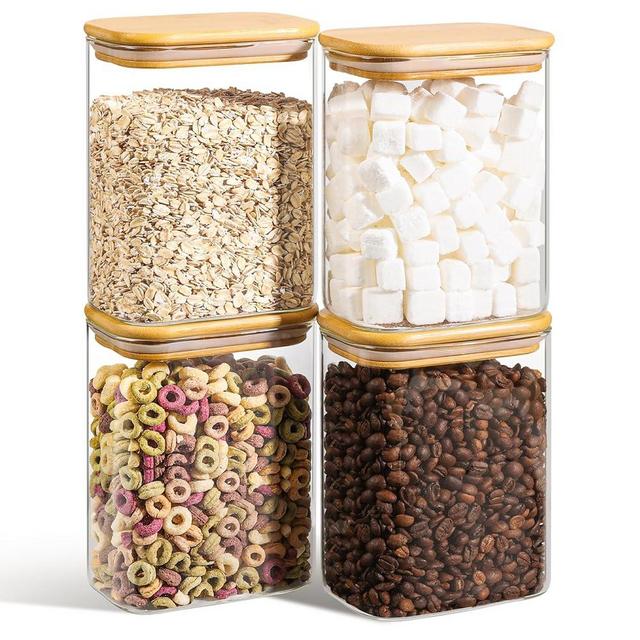 ComSaf 37oz Rectangle Glass Storage Containers with Lids, Glass Jars with Bamboo Lids, Clear Food Storage Jar, Sugar Coffee Containers, Pantry Storage Container for Pasta Tea Candy Nuts