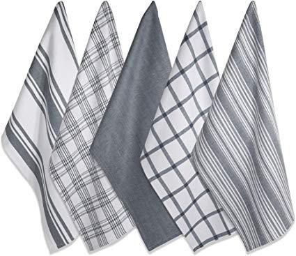 DII Kitchen Dish Towels (Gray, 18x28"), Ultra Absorbent & Fast Drying, Professional Grade Cotton Tea Towels for Everyday Cooking and Baking -  Assorted Patterns, Set of 5
