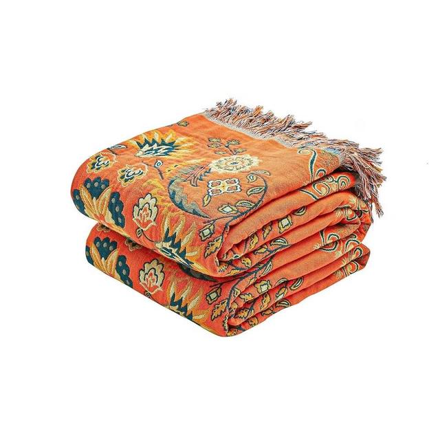 XIBLC Boho Throw Blanket, 100% Cotton Ultra Soft Luxury Throw Rustic Quilt, 60"x80" Floral Printed Farmhouse Decor Bed Summer Blankets, All Season Rustic Reversible Bohemian Throw for Bed - Orange