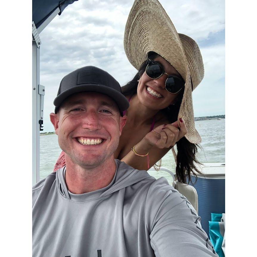 Floating on a pontoon on Lake Ray Hubbard for Trav's birthday (July 2023)