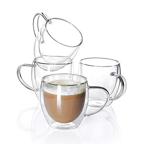 Sweese 4611 Glass coffee mugs - 4PCS Double Wall Insulated Glass Coffee Tea Cup Set with Handle, Perfect for Espresso, Latte, Cappuccino, 8 oz