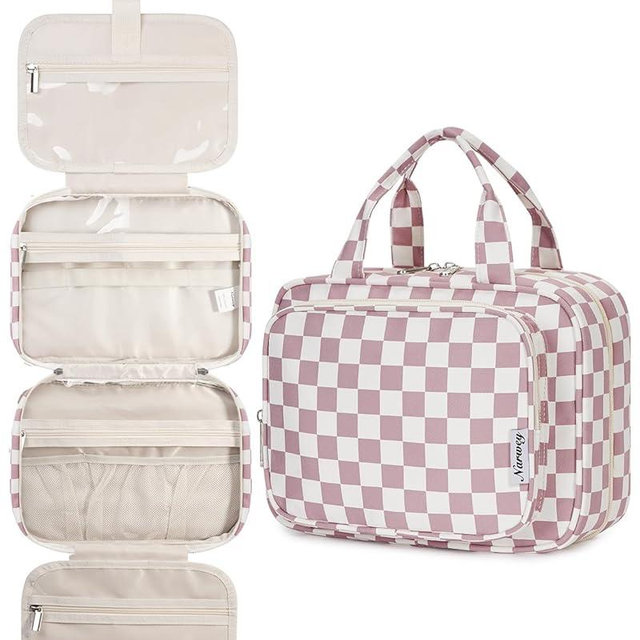 Narwey Hanging Toiletry Bag for Women Travel Makeup Bag Organizer Toiletries Bag for Travel Size Essentials Accessories Cosmetics (Dusty Pink Checkerboard (Medium))