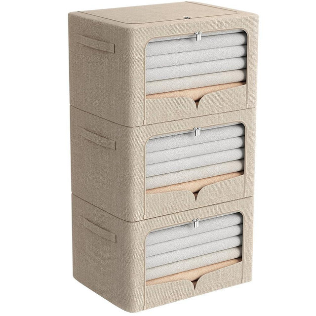 3 Pack Clothes Storage Bins - Foldable Metal Frame Storage Box - Extra Large Stackable Linen Fabric Organizer Set with Carrying Handles and Clear Window (Beige, 23.6x16.5x15.7inch(100L))