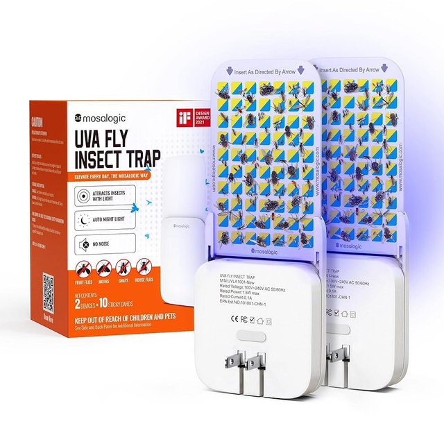 Mosalogic Fruit Fly Traps for Indoors Gnat Trap for House Indoor-600 Sqft Protection Area UV Fly Insect Trapper for Fruit Flies，Gnats，Mosquito，and Other Flying Insect Plug-in Bug Killer White 2Pack