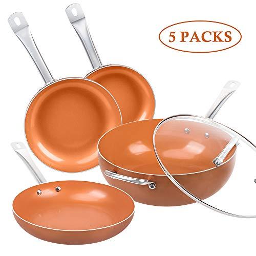 SHINEURI 5 Pieces Nonstick Ceramic Copper Fry Pan Set - 8/9.5/11 Inch Round Frying Pan Set, 12 Inch Woks and Stir Fry Pans with Lid, Copper Skillet with Induction Base & Stainless Steel Handle