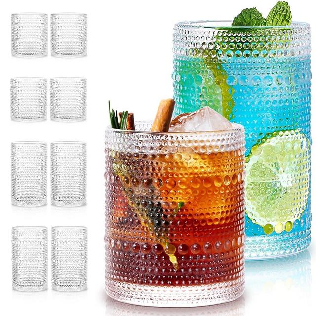 Potdoctor Hobnail Drinking Glasses Set of 8, 4 Highball Glasses 15oz,4 Rocks Glasses 12oz,Mixed Drink Cocktail Glass, Vintage Embossed Glassware Sets for Whiskey,mocktails, Water & Juice Drinkware