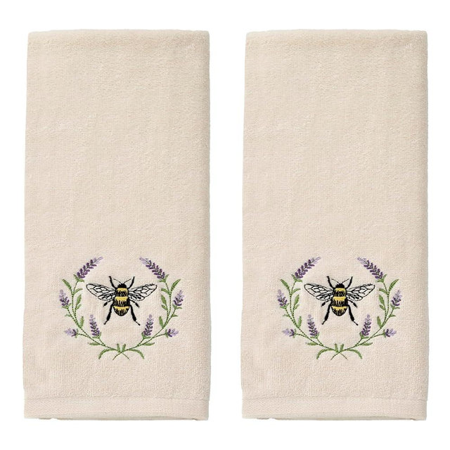 SKL Home Bee Lavender 100% Cotton Embroidered 2pc Hand Towel Set, Decorative for Bath/Kitchen/Bar & Gift, Natural