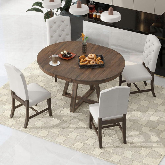 Bellemave 5-Piece Round Dining Table Set for 4, Extendable Round Dining Room Set with 4 Chairs Retro Round to Oval Kitchen Table Set with A 16" W Leaf for Dining Room (Walnut)