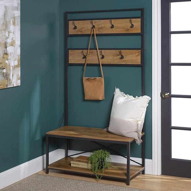 Walker Edison August Modern Farmhouse X Back Hall Tree with Bench, 72 Inch, Barnwood Brown
