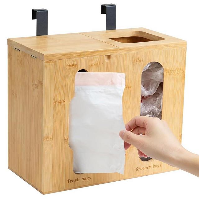 Bambition Trash Bag Dispenser & Grocery Bag Organizer, 2 in 1 Bamboo Garbage Bags Storage Box for Cabinet Door, Under Sink, or Wall Mounting