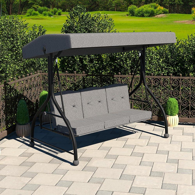 MUPATER 2-in-1 Patio Porch Swing Chair, 3-Seat Outdoor Canopy Swing Glider with Stand and Cushion for Outside, Backyard, Grey