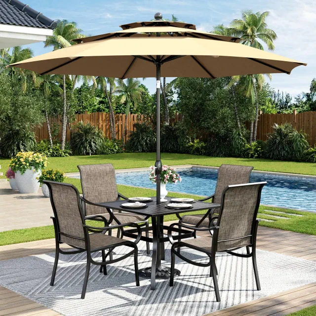 Captiva Designs 6pc Patio Dining Set with Square Steel Frame Table & Sling Chairs & Beige Umbrella