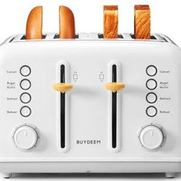 BUYDEEM DT640 4-Slice Toaster, Extra Wide Slots, Stainless Steel with High Lift Lever, Bagel and Muffin Function, Removal Crumb Tray, 7-Shade Settings, Arctic White